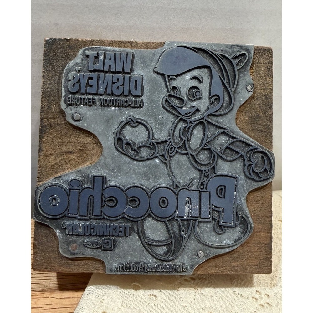 Vintage 1971 Disney Pinocchio Metal Printing Block Letterpress Plate Wood Mount
